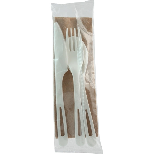 World Centric AS-PS-TN 6" TPLA Cutlery Kit with Fork, Knife, Spoon and Napkin