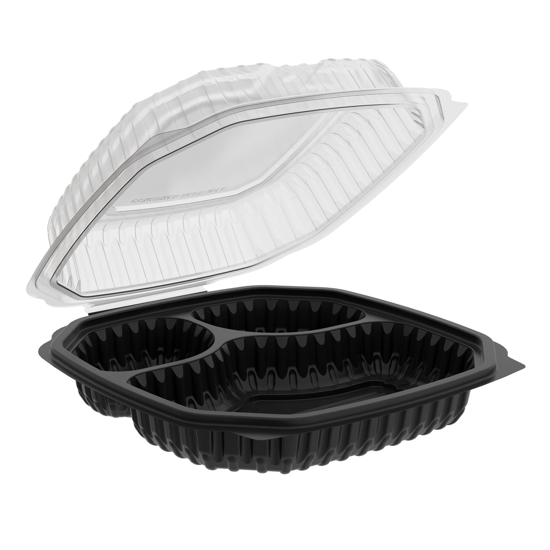 Anchor Packaging 4691031 10.5" x 9.5" Hinged Container 36/8/8 oz 3-Comp. Black Base with Anti-Fog Tear-Away Lid