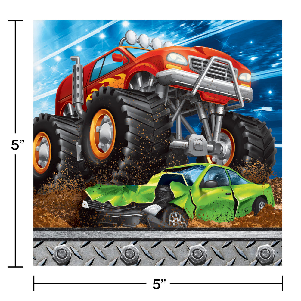 Creative Converting 339806 10" x 10" Monster Truck Rally Beverage Napkins