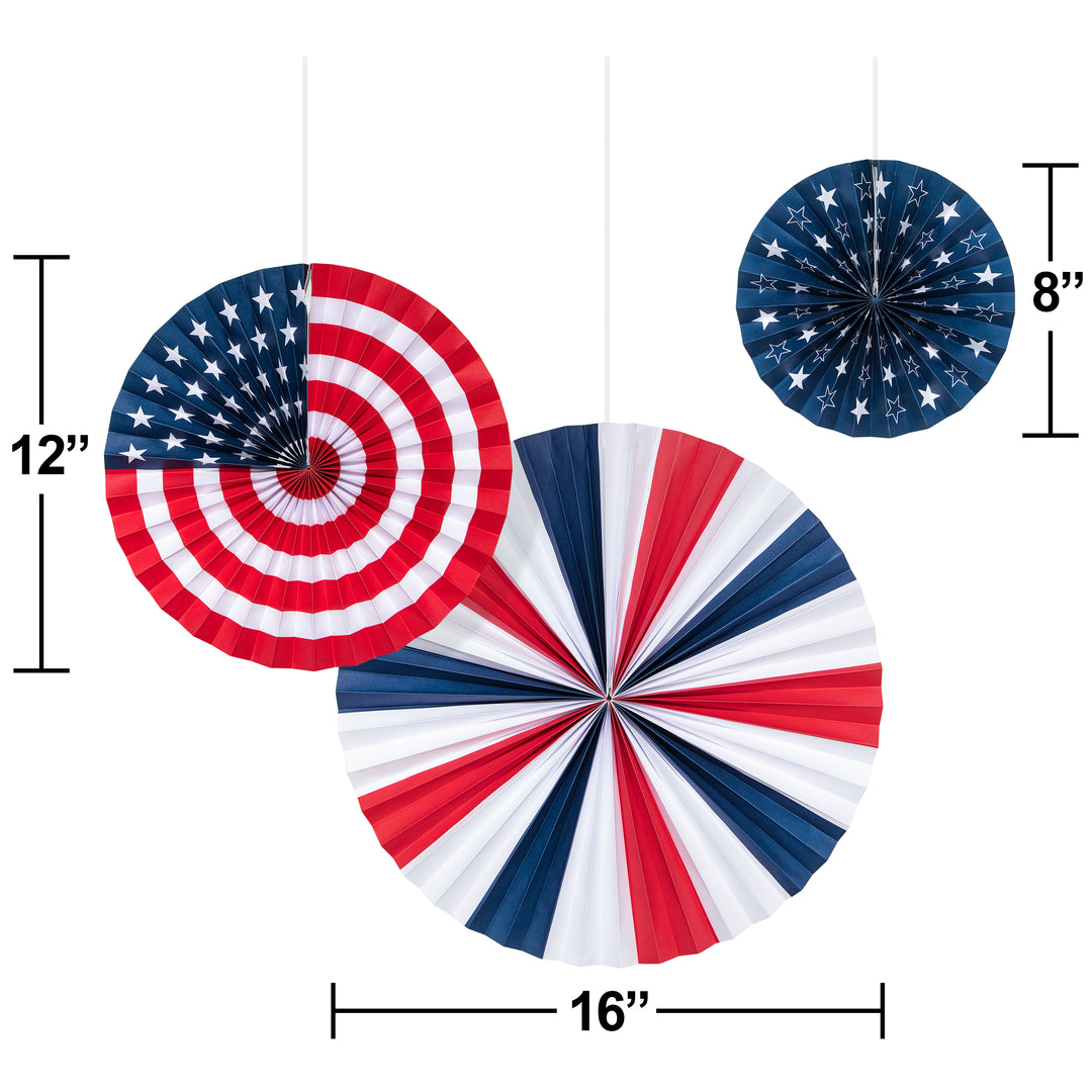 Creative Converting 8", 12", and 16" Red, White and Blue Patriotic Fan