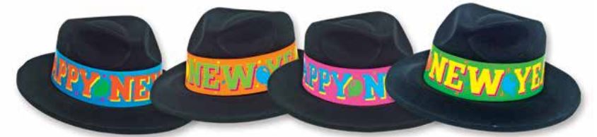 Party Time 2151 Black Velour Fedoras with NEON Happy New Year Band