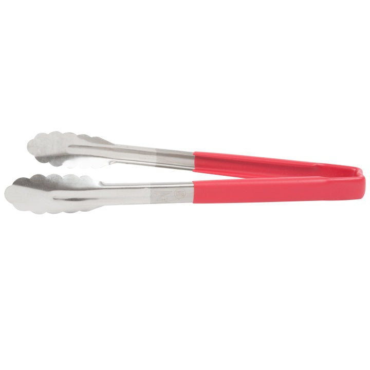 Vollrath 4781240 Stainless Steel One-Piece Scalloped Tongs with Red Kool-Touch Handle 12"