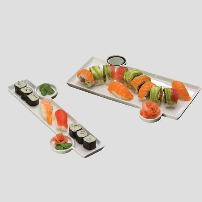 American Metalcraft Prestige PORS140 Porcelain Tray with 2 Sauce Cups 13" x 9.3125"