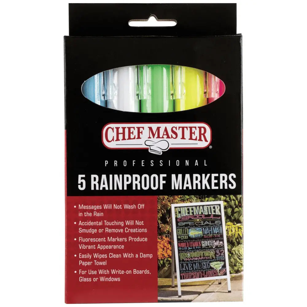 Chef Master Rainproof Wet Erase Markers for Write-On Boards, 5 Pack