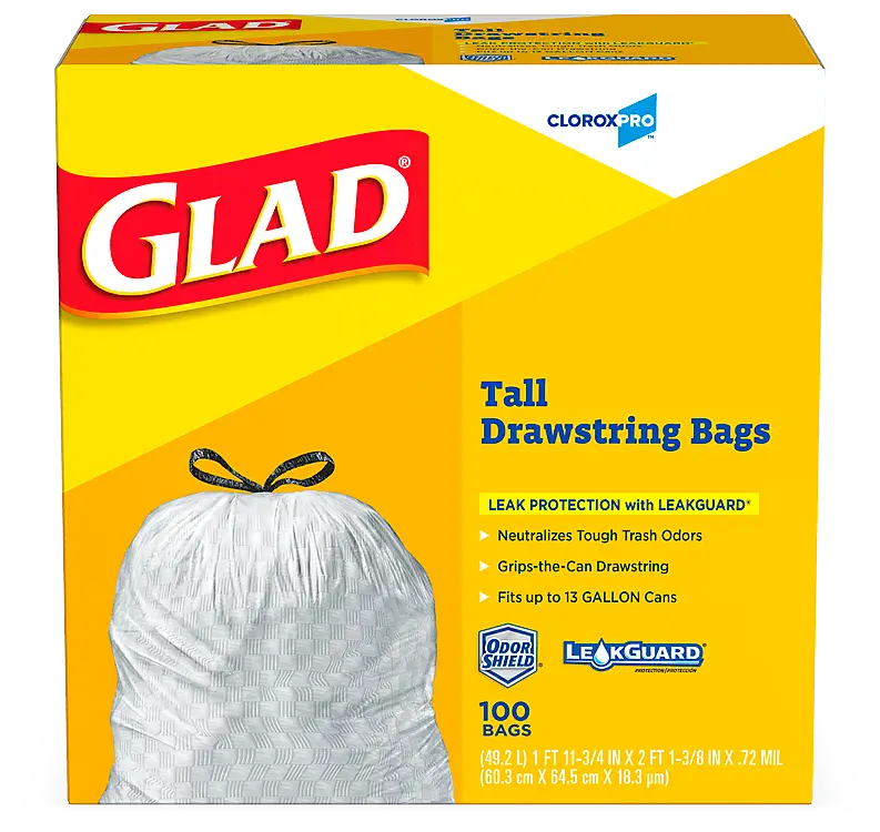 Glad 61024 13 Gallon Drawstring Tall Kitchen Bags 100/Case