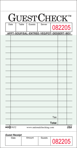 Guestcheck GA-G3632 3.5 X 6.75 1 Part Board Paper/Board Check