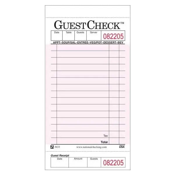 Guestcheck 3.5 X 6.75 1Pt Board (P3632SP) 50 Books/Case