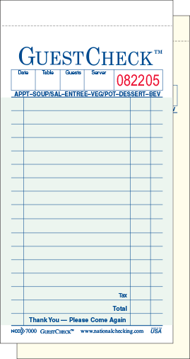 Guestcheck GA-G7000 3.5 X 6.75 2 Part Carbonless Paper/Board Check
