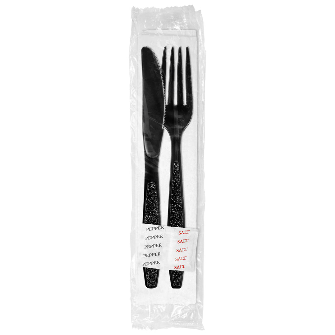 Black Heavy Weight Cutlery Kit Fork Knife Salt Pepper Napkin