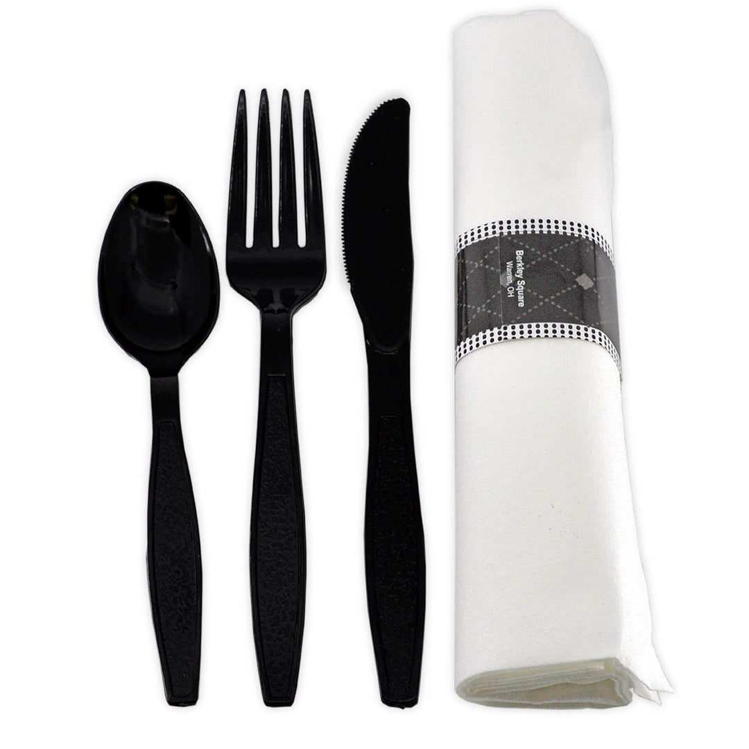 Heavy Weight Black Cutlery Kit Wrapped in Airlaid Napkin (KN,F,TS,)