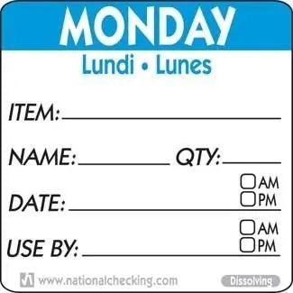 Monday 2" X 2" Trilingual Dissolvable Label