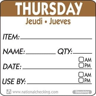 National Checking DIDU2204R 2"X 2" Thursday Trilingual Dissolvable Label