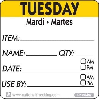 National Checking DIDU2202R 2"X 2" Tuesday Trilingual Dissolvable Label