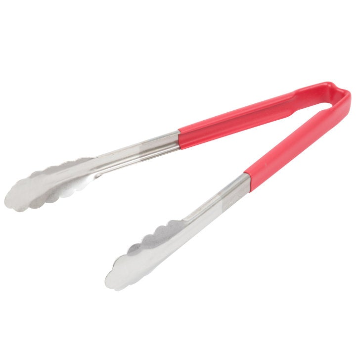 Vollrath 4781240 Stainless Steel One-Piece Scalloped Tongs with Red Kool-Touch Handle 12"