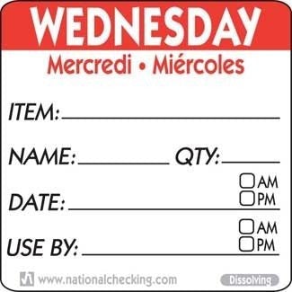 National Checking DIDU2203R 2"X 2" Wednesday Trilingual Dissolvable Label