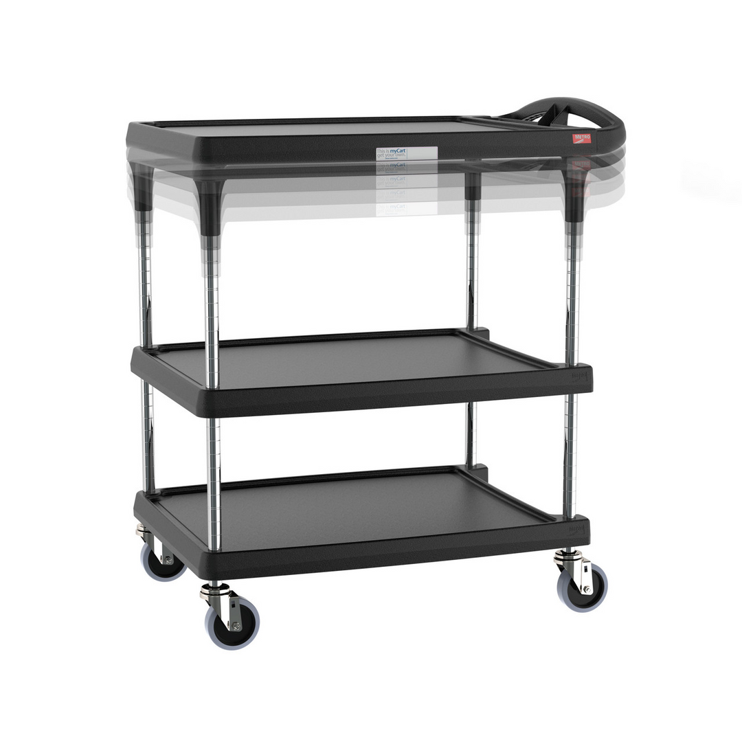 Metro MY1627-34BL myCart Plus Series 3-Shelf Height-Adjustable Utility Cart, Black Metro
