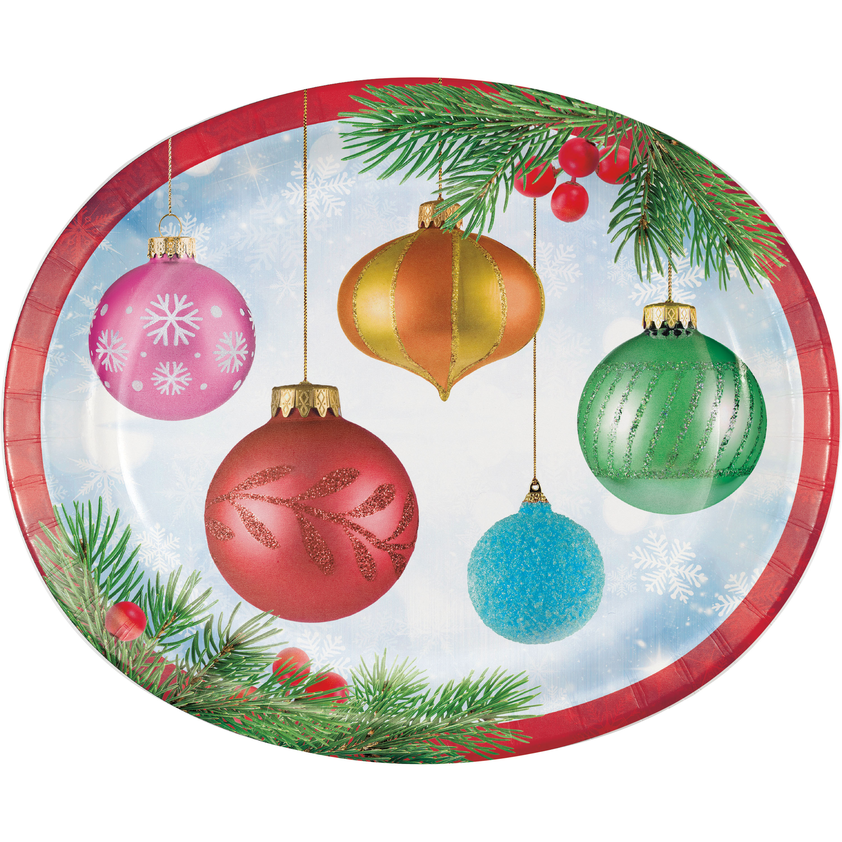 Creative Converting 366944 Bright Ornaments 10" x 12" Oval Platters