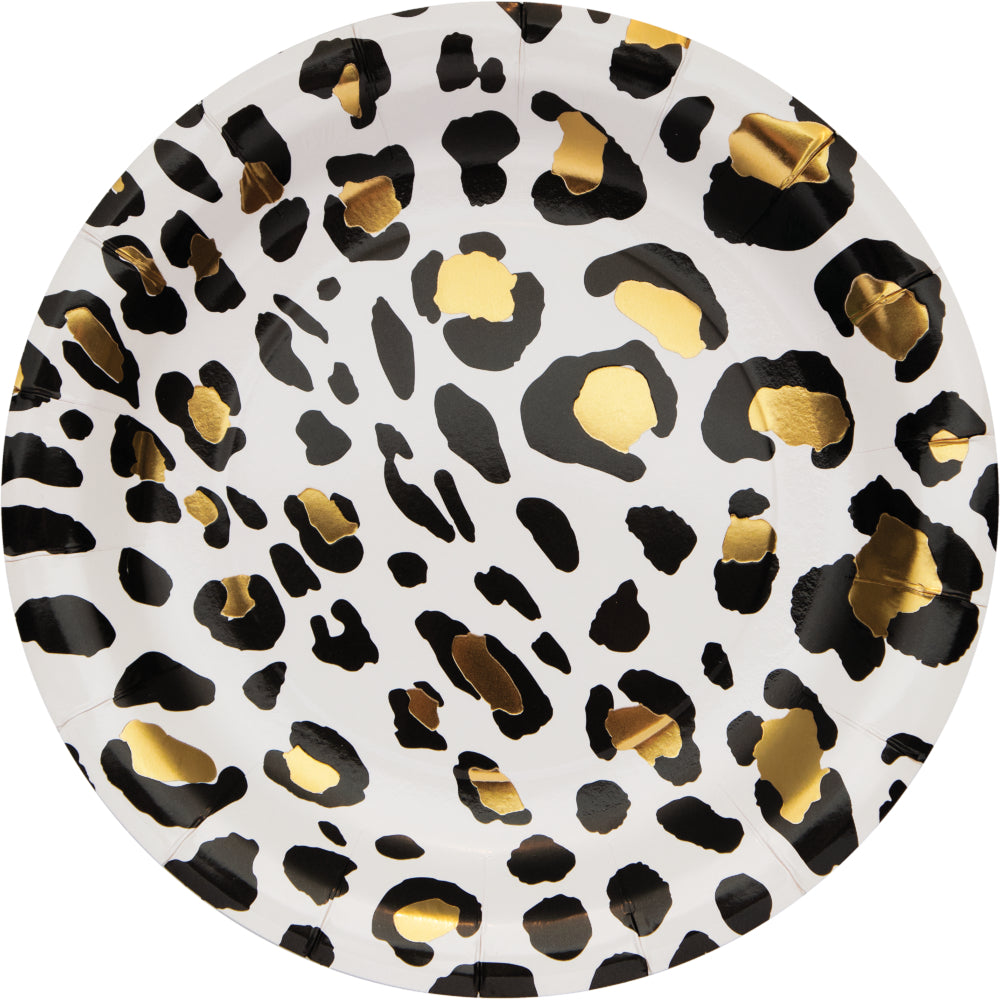 Creative Converting 354591 9" Round Black and Gold Leopard Paper Plates