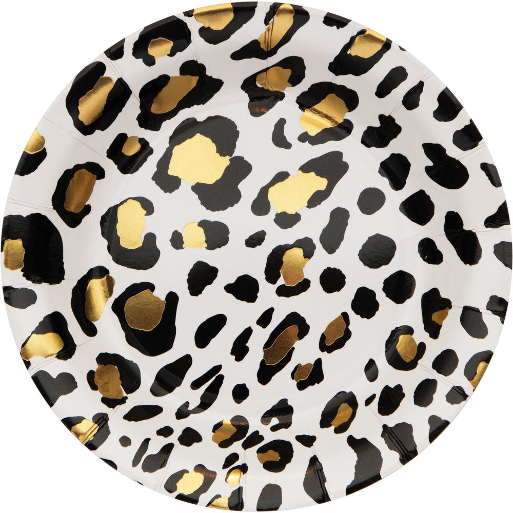 Creative Converting 354592 7" Round Black and Metallic Gold Leopard Paper Plates