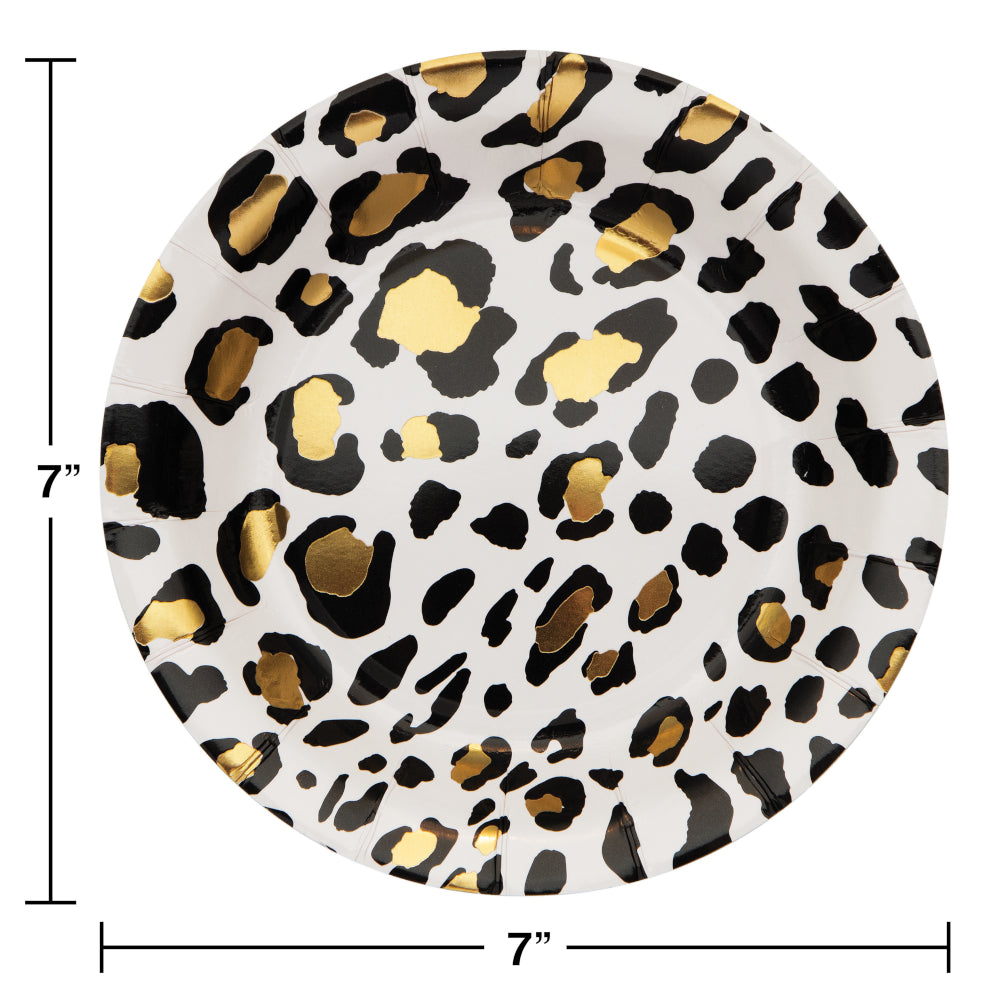 Creative Converting 354592 7" Round Black and Metallic Gold Leopard Paper Plates