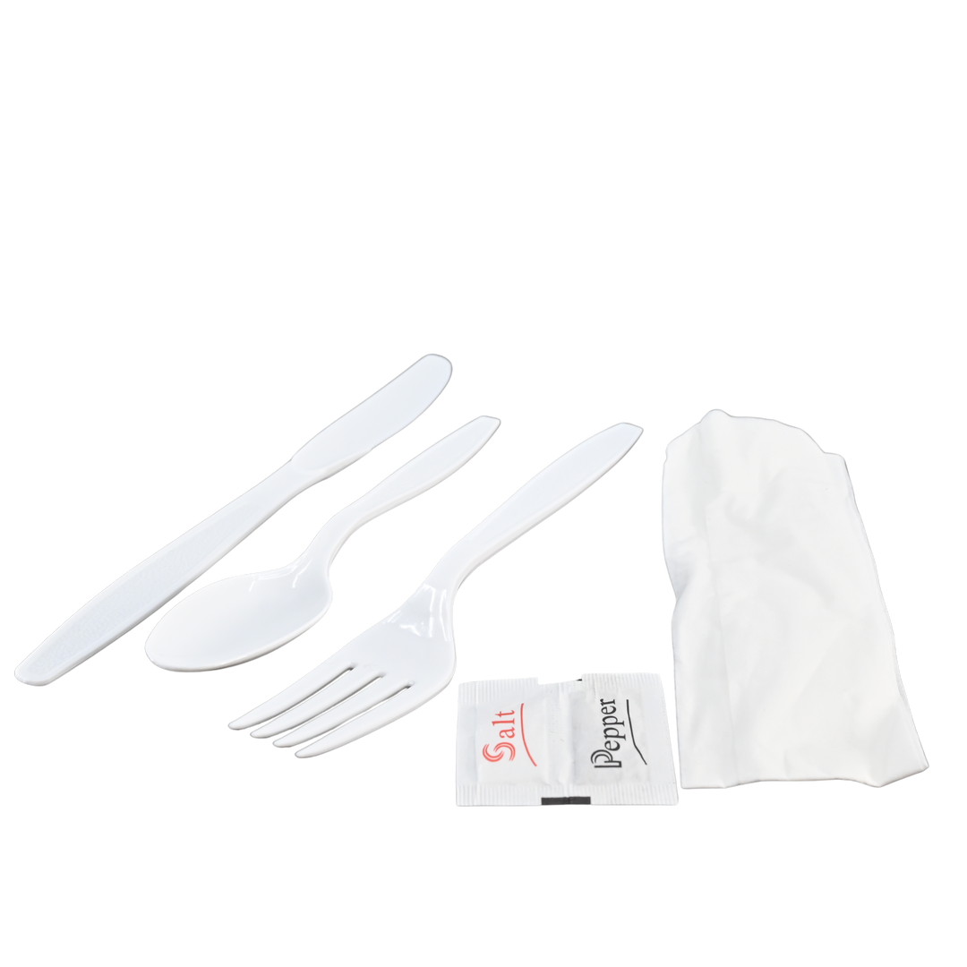 Berk 1191241 Heavy Weight White Knife/Fork/Teaspoon/Napkin/Salt/Pepper Polystyrene Kit 250/Case