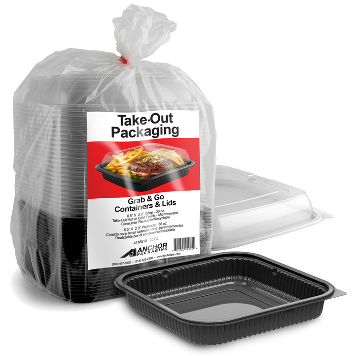 Anchor Packaging 4118510 Culinary Squares 8.5" 36 oz Black and Clear Non-Hinged Container Anchor Packaging