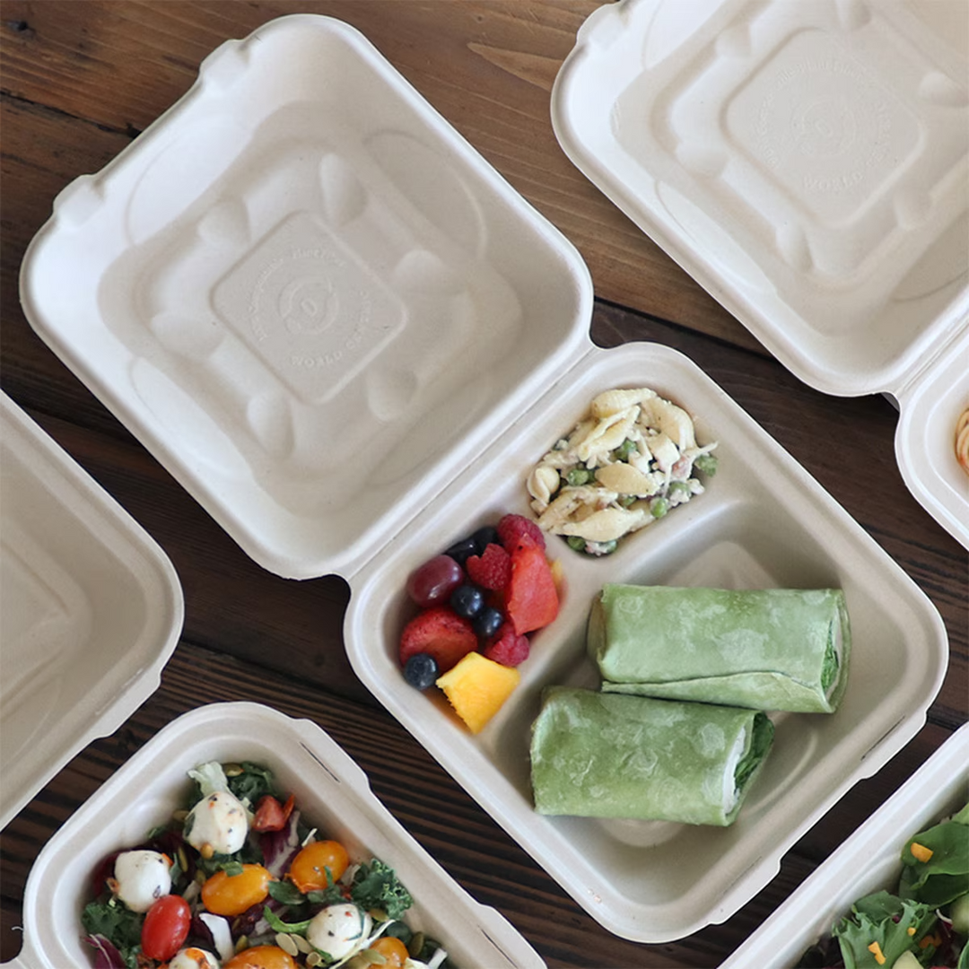 World Centric TO-SC-U8T-LFP Fiber 3 Compartment  Clamshell Food Box 8" x 8" x 3"