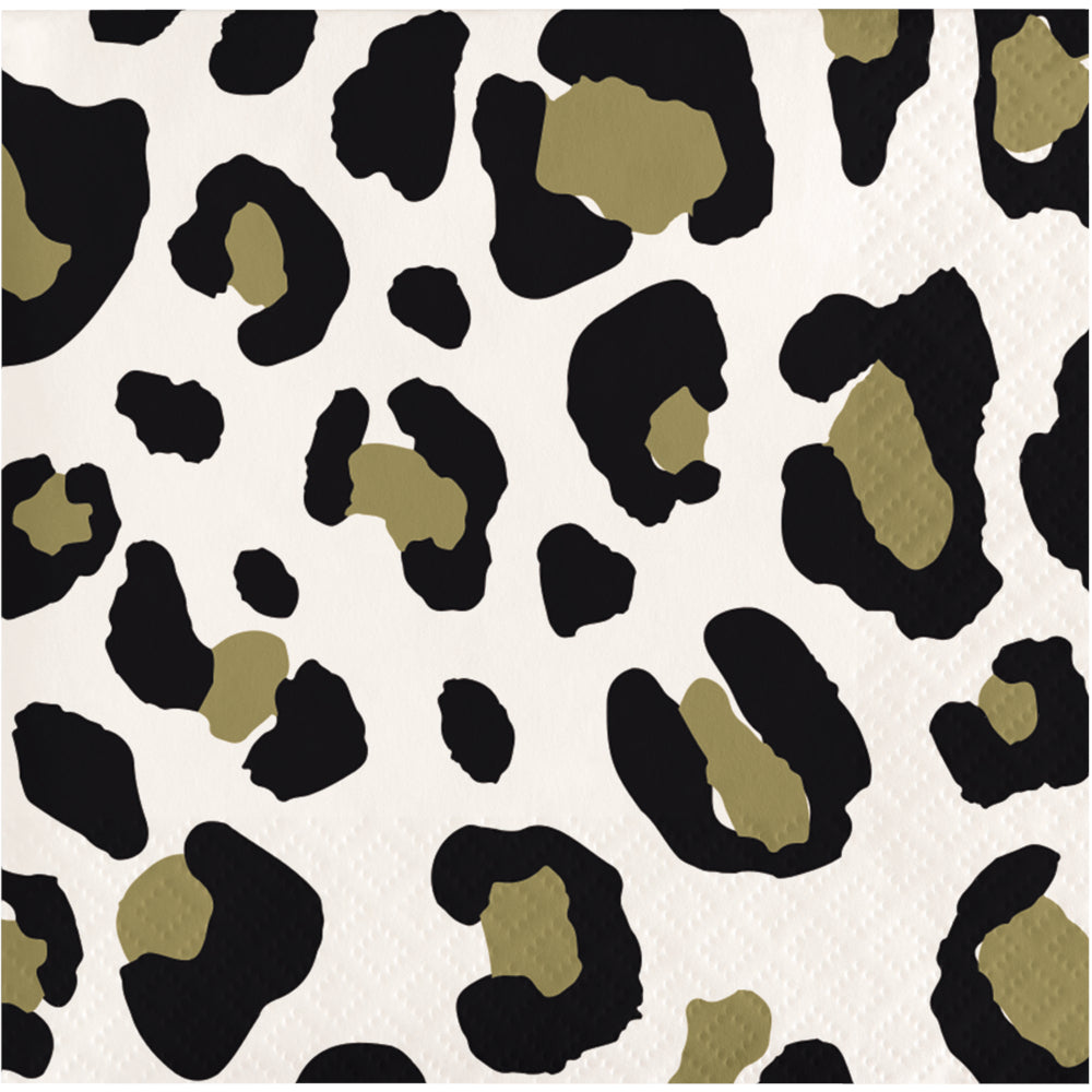 Creative Converting 354594 10" X 10" Black with Gold Leopard Beverage Napkins