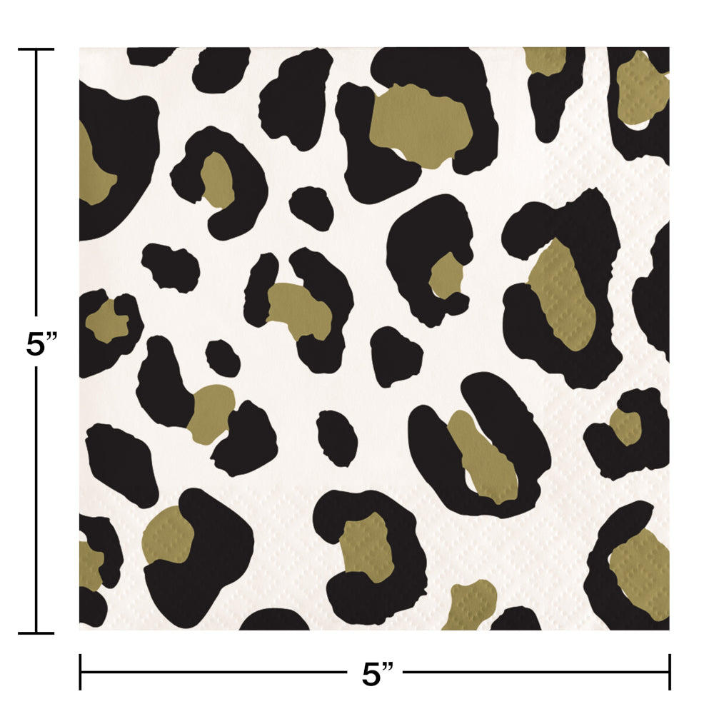 Creative Converting 354594 10" X 10" Black with Gold Leopard Beverage Napkins