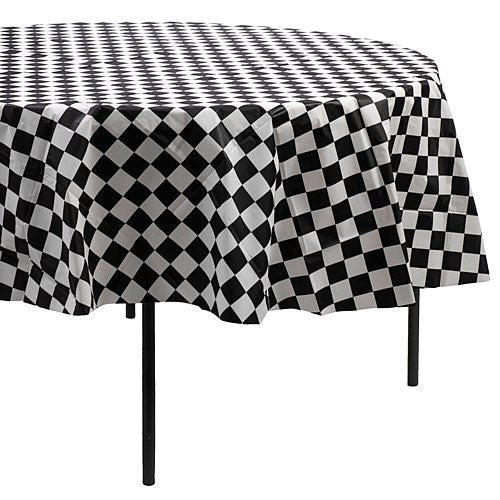 84" Round Plastic Tablecover - Black & White Checkered Tablemate