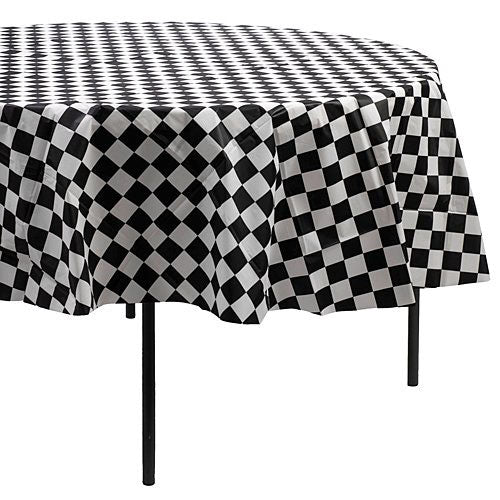 84" Round Plastic Tablecover - Black & White Checkered