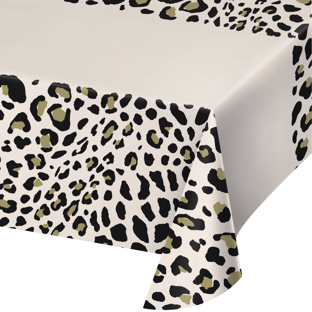Creative Converting 354595 54" X 102" Black and Gold Leopard Paper Tablecover