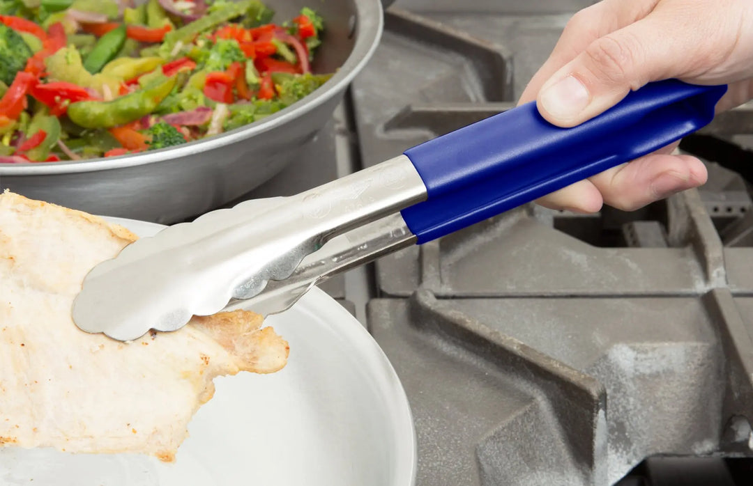 Vollrath 4780930 Stainless Steel One-Piece Scalloped Tongs with Blue Kool-Touch Handle 9.5" Vollrath
