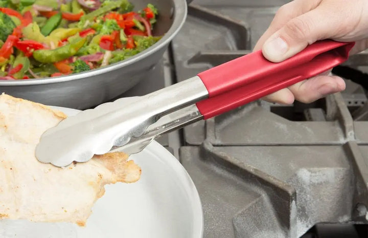 Vollrath 4780940 Stainless Steel One-Piece Scalloped Tongs with Red Kool-Touch Handle 9.5" Vollrath