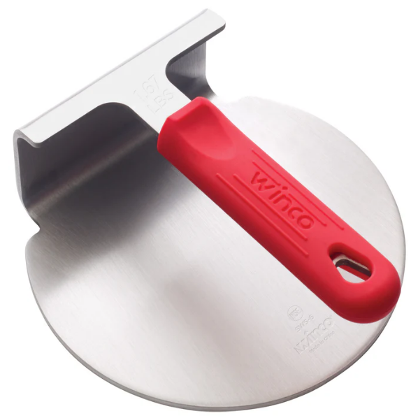 Winco SWS-6 18/8 Stainless Steel Smashed Burger Press with Red Silicone Sleeve Winco