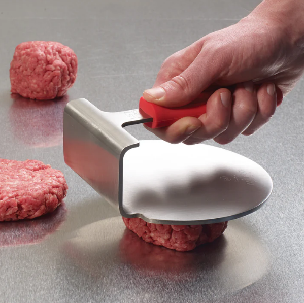 Winco SWS-6 18/8 Stainless Steel Smashed Burger Press with Red Silicone Sleeve Winco
