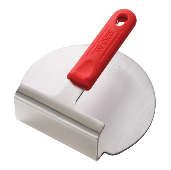 Winco SWS-6 18/8 Stainless Steel Smashed Burger Press with Red Silicone Sleeve Winco