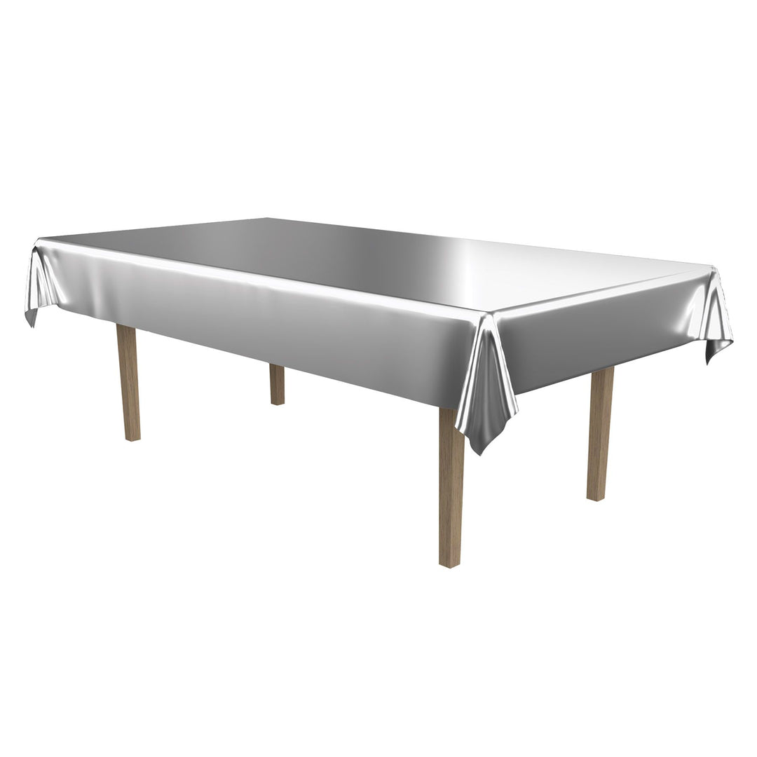 54" X 108" Metallic Silver Plastic Table Cover (53896-S)