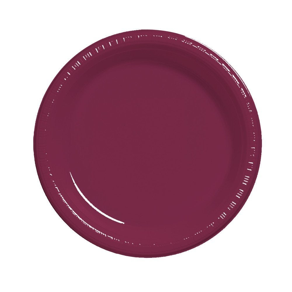 7" Round Burgundy Plastic Plates