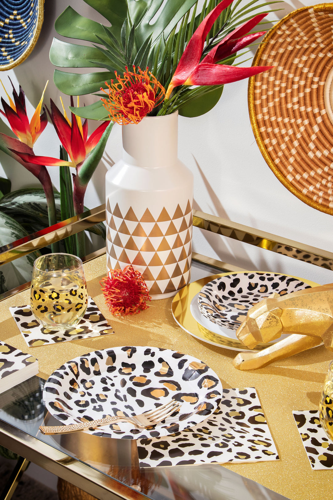 Creative Converting 354593 13" X 13" Black with Gold Leopard Lunch Napkins