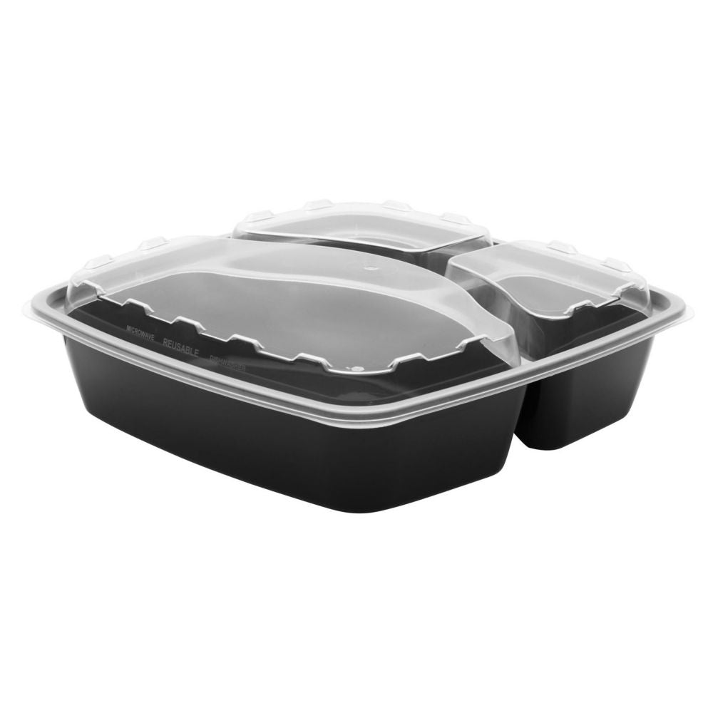 CuBE 48 Oz 3 Compartment Black Bottom Square Container With Lid 100/Case