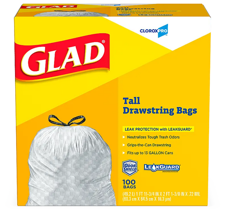 Glad 61024 13 Gallon Drawstring Tall Kitchen Bags 100/Case Glad