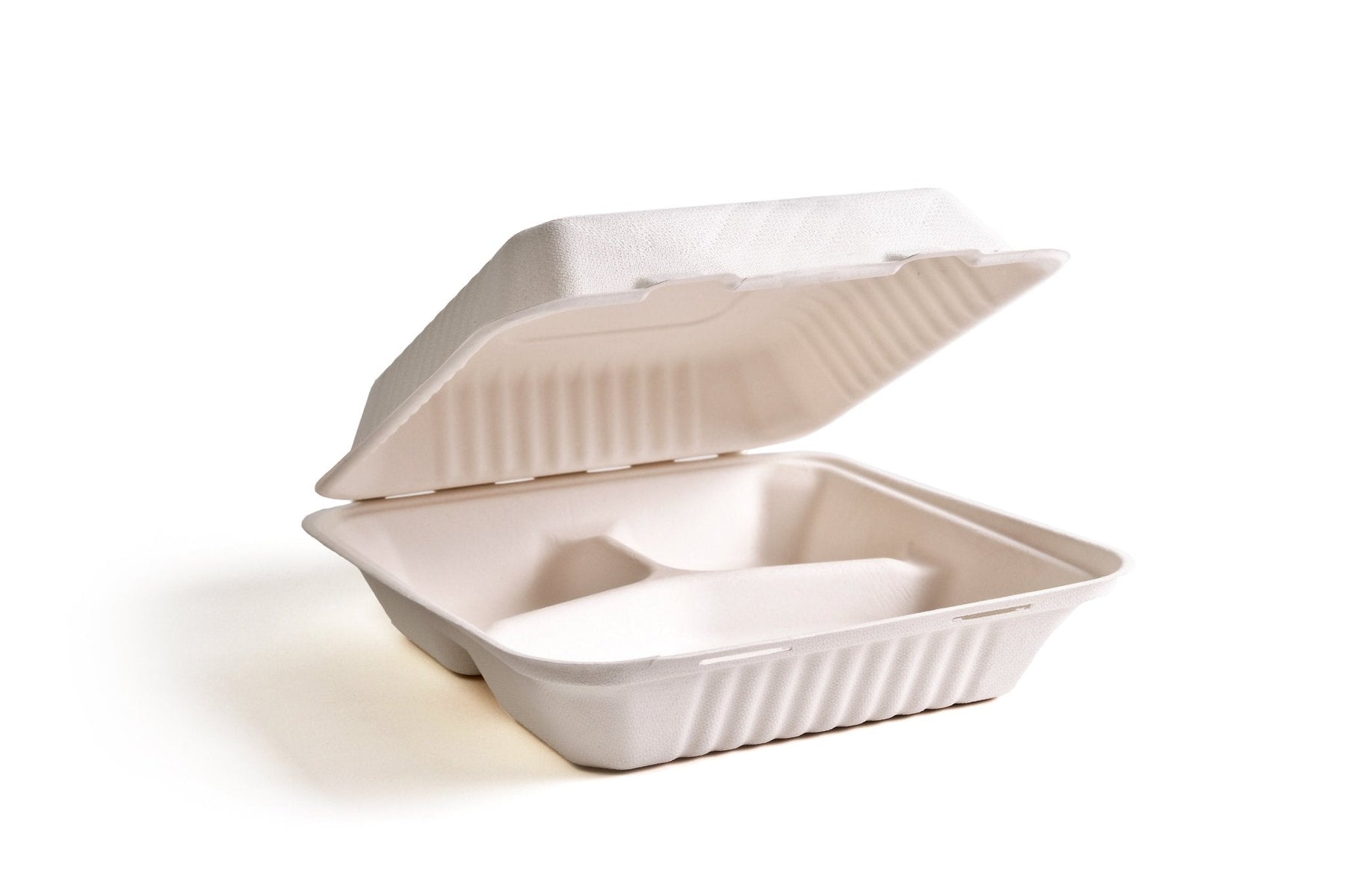 Green Wave International TW-BOO-013 PE 9 x 9 x 3 in. 3 Compartment Bagasse Evolution Hinged Container White