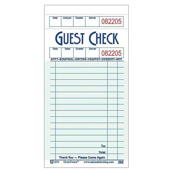 Guestcheck 3.5 X 6.75 1Pt Heavy Board Check (G3674) 50 Books/Case