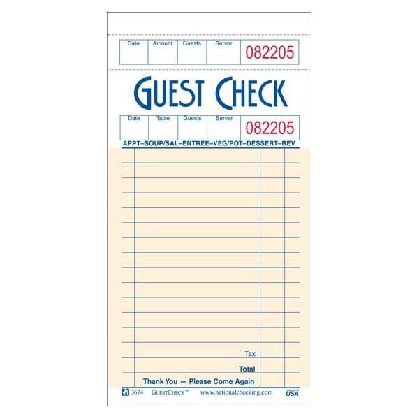 Guestcheck S3674 3.5 X 6.75 1 Part Medium Paper/Board Check