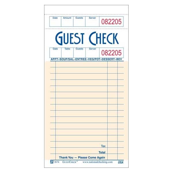 Guestcheck 3.5 X 6.75 1Pt Heavy Board (S3674) 50 Books/Case