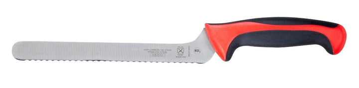 Mercer M22418GR 8" Milennia Red Handle Offset Wavy Edge Bread Knife Mercer