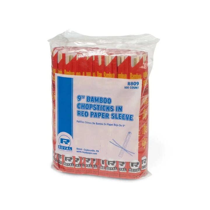AmerCareRoyal Royal Paper R809 9" Bamboo Chopsticks in Red Paper Sleeves AmerCareRoyal