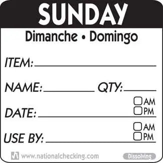 National Checking DIDU2207R 2"X 2" Sunday Trilingual Dissolvable Label National Checking
