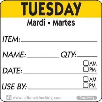 National Checking DIDU2202R 2"X 2" Tuesday Trilingual Dissolvable Label National Checking